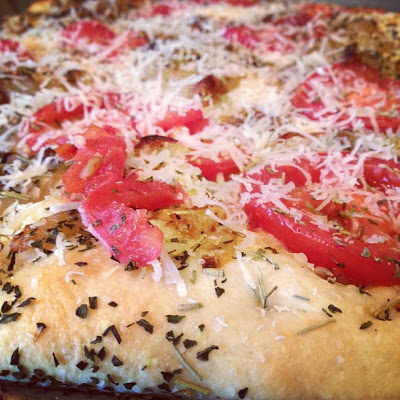 Focaccia Herbed Pizza with Caramelized Onion and Tomato