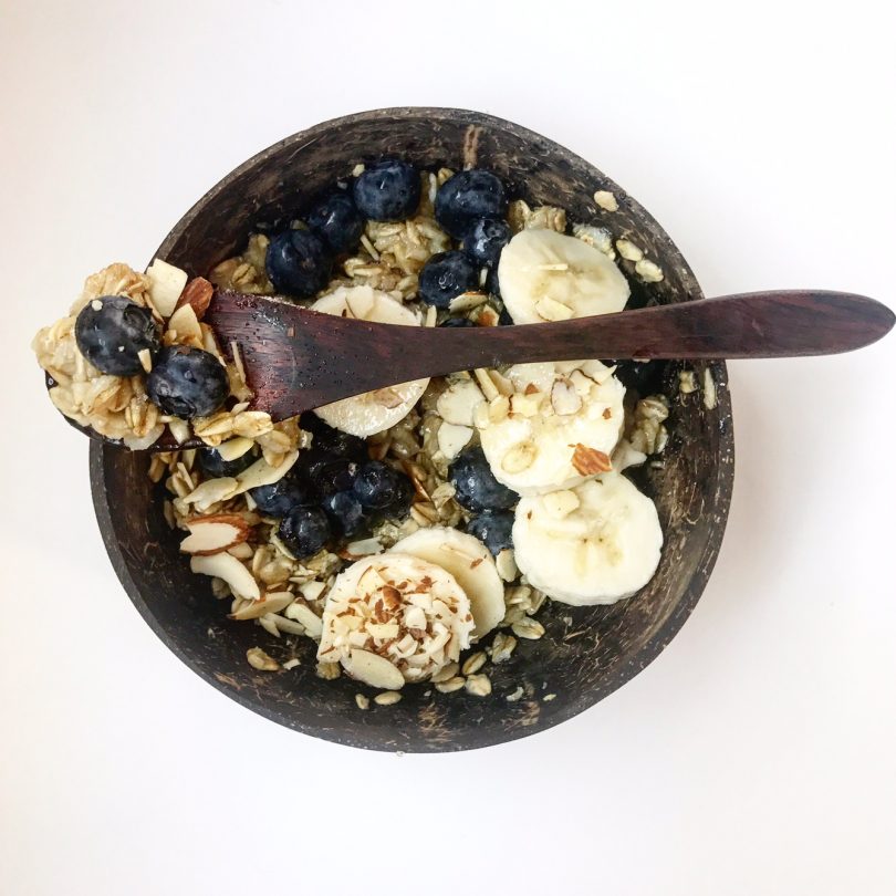 Vegan Oatmeal with Blueberries, Bananas and Slivered Almonds